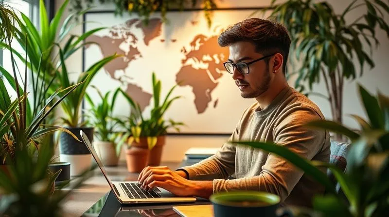 A photorealistic image of a digital nomad working on a laptop in a beautifully designed co-working space, surrounded by lush indoor plants, with a world map subtly in the background. The person looks focused and determined, with a sense of calm productivity. Cinematic lighting, sharp focus, depth of field, 8K, professional photography.