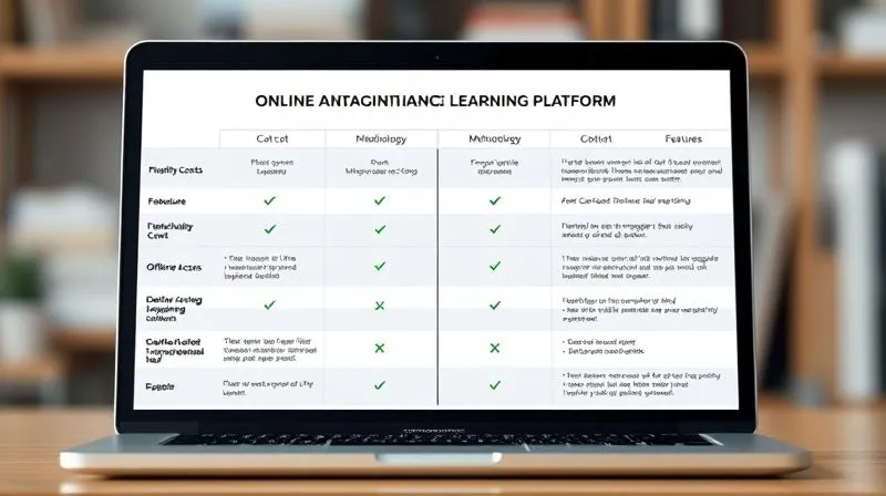 A photorealistic infographic comparing features of different online language learning platforms. The infographic should have clear, distinct sections for each platform, highlighting aspects like 'Flexibility', 'Cost', 'Methodology', and 'Offline Access' with small, intuitive icons. The overall design should be clean, modern, and easy to read, with a laptop screen in the background displaying the comparison. Cinematic lighting, sharp focus, 8K, professional photography.