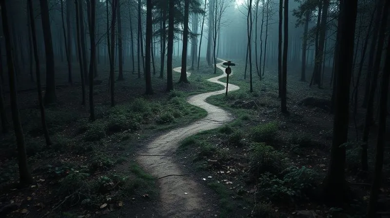 A photorealistic image of a winding, overgrown path splitting into several confusing directions in a dense forest, with a single signpost that is difficult to read. The lighting is dim and atmospheric, symbolizing confusion and wrong choices. Sharp focus on the path, depth of field blurring the trees, 8K, professional photography.