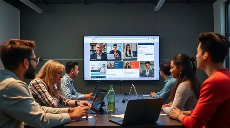 A photorealistic image of a diverse group of students actively participating in an online marketing class, with a seasoned expert instructor guiding them on a large screen. The atmosphere is collaborative and engaging, showing real-time interaction and problem-solving. Cinematic lighting, sharp focus, 8K hyper-detailed.
