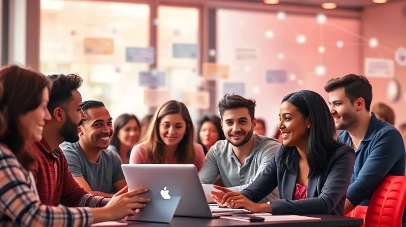 A photorealistic image of a diverse group of online learners interacting in a vibrant digital community forum, with chat bubbles and connection lines symbolizing networking and knowledge sharing. In the background, various digital marketing tools are subtly displayed. Cinematic lighting, sharp focus, 8K hyper-detailed.