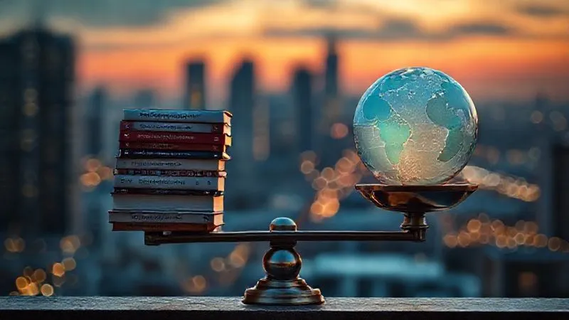 A photorealistic image of a digital nomad thoughtfully weighing two options on a scale: one side has a stack of generic language textbooks representing 'low cost' and the other has a glowing globe representing 'high value language fluency'. The background is a blurred cityscape at dusk, cinematic lighting, sharp focus on the scale, depth of field, 8K, professional photography.