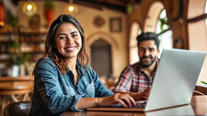 A photorealistic image of a digital nomad, Sofia, smiling confidently while video-calling her language tutor, Ricardo, on a laptop. Sofia is in a vibrant cafe in Medellín, Colombia, with a blurred backdrop of colonial architecture. Ricardo is in a well-lit home office. The image conveys ease of connection and effective communication across distances, cinematic lighting, sharp focus on their faces, depth of field, 8K, professional photography.