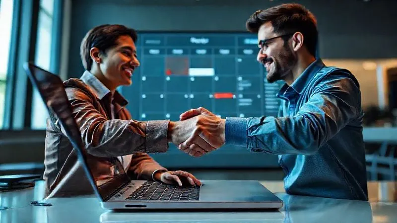 A photorealistic image of a digital nomad and their language tutor virtually shaking hands on a laptop screen, symbolizing a clear agreement. Both have confident, friendly expressions. The background is a crisp, modern digital interface with a calendar and clear terms outlined. Cinematic lighting, sharp focus on the handshake, depth of field, 8K, professional photography.