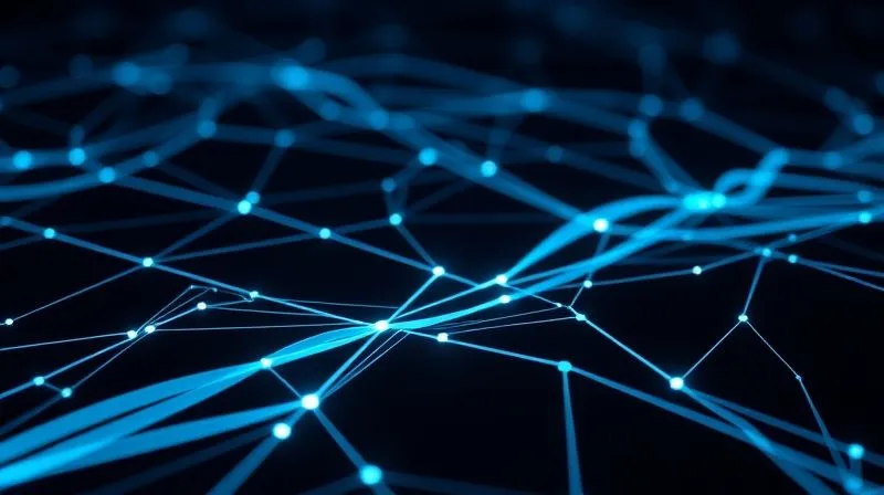 A photorealistic image of a network diagram showing data flow optimization, with thinner lines representing optimized video streams and thicker lines for prioritized audio, illustrating efficient bandwidth management for online communication. The diagram should be clean, modern, with glowing blue lines against a dark background, indicating technological sophistication. Cinematic lighting, sharp focus, 8K hyper-detailed.