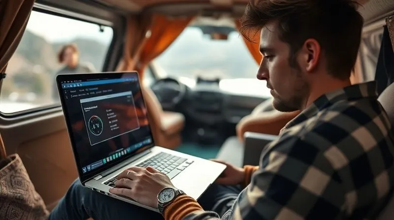 A photorealistic image of a digital nomad, a person with a determined expression, testing internet speed on a laptop in a unique, non-traditional workspace like inside a converted van, a tent in a scenic campsite, or a cozy cafe in a small town. The screen clearly shows a speed test result. Cinematic lighting, sharp focus on the person and laptop, depth of field blurring the background of the unique workspace. 8K hyper-detailed, professional photography, shot on a high-end DSLR.