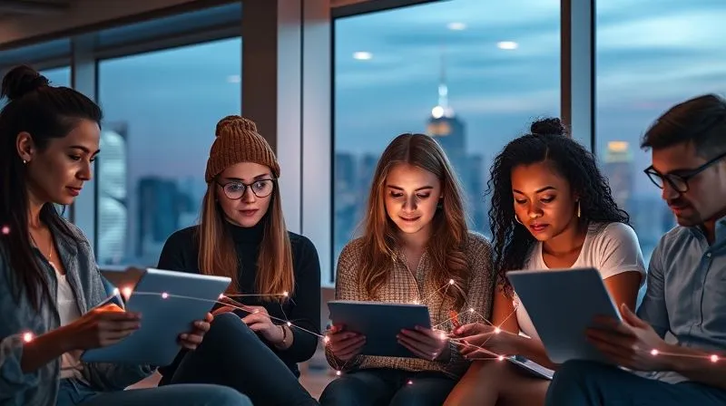 A photorealistic image of a diverse group of digital nomads, some looking at laptops, others collaborating on a tablet, all connected by subtle glowing lines representing digital interaction, set against a backdrop of a vibrant, modern co-working space with a large window overlooking a dynamic city skyline at dusk. Cinematic lighting highlights their faces, showing focused engagement and connection. Sharp focus on the central figures, depth of field blurring the background slightly. Shot on a high-end DSLR, 8K hyper-detailed.