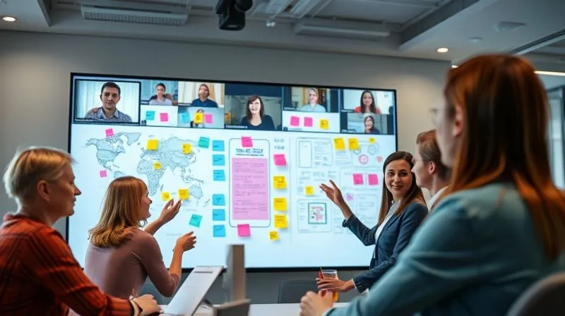 A photorealistic image showing a virtual breakout room in a workshop. Participants from different global locations are visible in video feeds, actively collaborating on a shared digital whiteboard filled with colorful sticky notes and diagrams. Cinematic lighting emphasizes their focused expressions and energetic interaction. Sharp focus on the screen, with a subtle depth of field blurring a modern, minimalist background. 8K hyper-detailed.