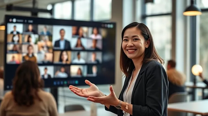 A photorealistic image of a female digital nomad facilitator, mid-workshop, smiling and gesturing confidently at a large virtual screen displaying interactive content, with small video feeds of diverse participants actively engaged. She's in a modern, well-lit co-working space. Cinematic lighting, sharp focus on the facilitator, depth of field blurring the virtual screen slightly. 8K hyper-detailed.