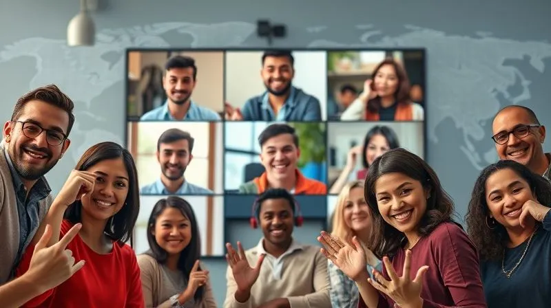 A photorealistic image depicting a vibrant global online community. Diverse individuals from different continents are shown in a mosaic of video calls on a large, central screen, actively gesturing and smiling. The background is a soft blur of world map lines, suggesting global connection. Cinematic lighting, sharp focus on the faces, depth of field creating a sense of unity. 8K hyper-detailed.