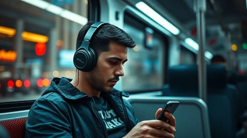A digital nomad wearing noise-canceling headphones, deeply immersed in a podcast or audiobook on a smartphone while sitting on a bustling train, with blurred cityscapes passing by outside the window. Photorealistic, professional photography, 8K, cinematic lighting, sharp focus on the nomad's face and headphones, depth of field blurring the background.