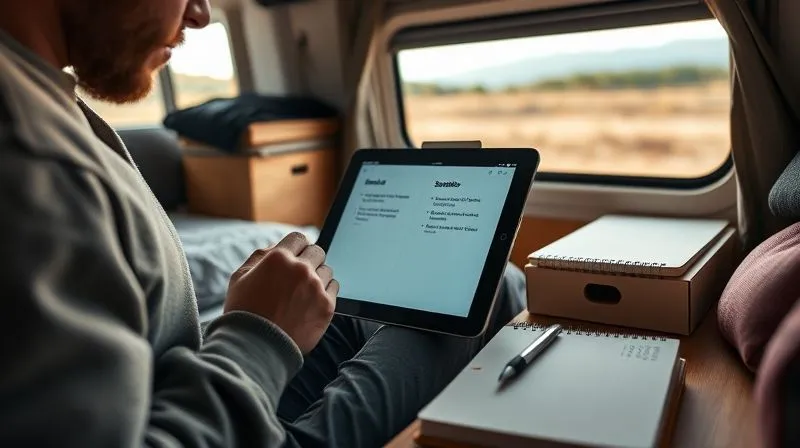 A digital nomad meticulously organizing downloaded course materials on a tablet, with folders clearly labeled for different subjects. A physical notebook and pen are nearby. The setting is a cozy, minimalist workspace in a camper van, with a window showing a serene natural landscape. Photorealistic, professional photography, 8K, cinematic lighting, sharp focus on the tablet screen and organized folders, depth of field blurring the background.