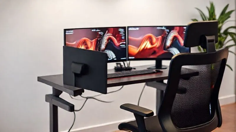 A photorealistic image of a modern, ergonomic coworking desk setup, with dual monitors, an adjustable standing desk, a comfortable office chair, and a high-speed internet router visible. Cinematic lighting, sharp focus on the tech, depth of field blurring a clean, minimalist background, 8K hyper-detailed, professional photography, shot on a high-end DSLR.