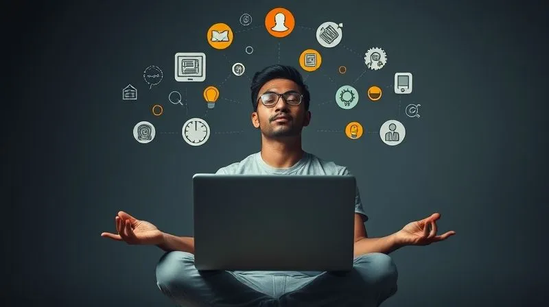 A person meditating with a laptop open, symbols of creativity and knowledge floating around their head, representing self-reflection and skill assessment. Photorealistic, professional photography, 8K, cinematic lighting, sharp focus, depth of field, shot on a high-end DSLR.