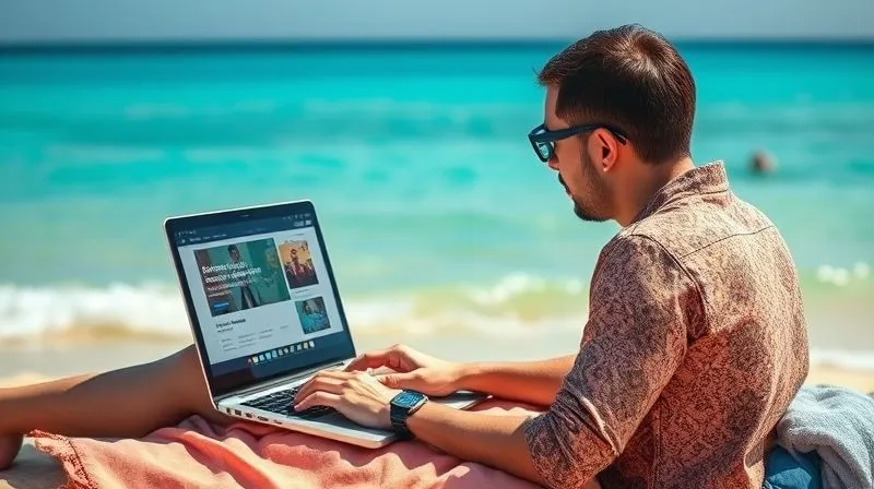 A digital nomad working on a laptop on a beach, with a clear blue ocean in the background, showing flexibility and remote work capabilities. The laptop screen shows an online course interface. Photorealistic, professional photography, 8K, cinematic lighting, sharp focus, depth of field, shot on a high-end DSLR.