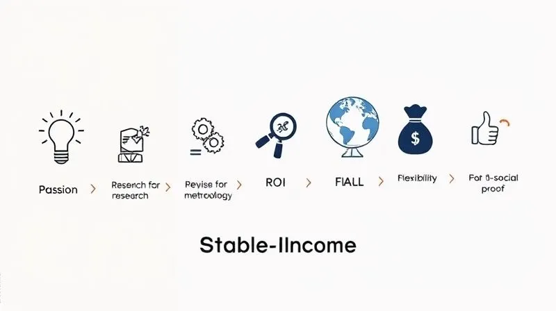 A detailed, minimalist infographic showing a clear path with 7 steps, each represented by an icon (e.g., lightbulb for passion, magnifying glass for research, person for instructor, gears for methodology, money bag for ROI, globe for flexibility, thumbs up for social proof), leading to a goal of 'Stable Income'. Professional, clean design, photorealistic, 8K, cinematic lighting, sharp focus, depth of field, shot on a high-end DSLR.