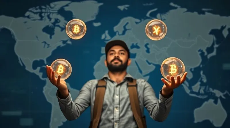 A photorealistic image showing a digital nomad juggling multiple glowing spheres, each representing a different client or income stream, against a backdrop of a world map. The spheres are balanced, indicating successful diversification. Cinematic lighting, sharp focus, depth of field. 8K hyper-detailed, professional photography.