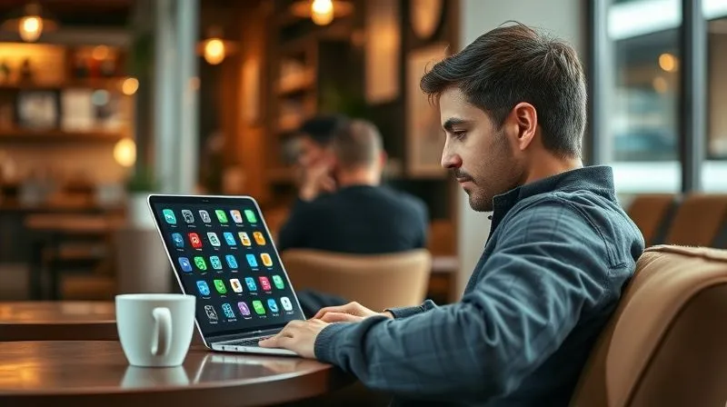 A photorealistic image of a digital nomad sitting comfortably in a cafe, looking at a laptop screen filled with various app icons representing productivity and automation tools (Trello, Slack, FreshBooks logos subtly visible). A coffee cup sits beside the laptop. The person looks relaxed and efficient. Cinematic lighting, sharp focus, depth of field. 8K hyper-detailed, professional photography.