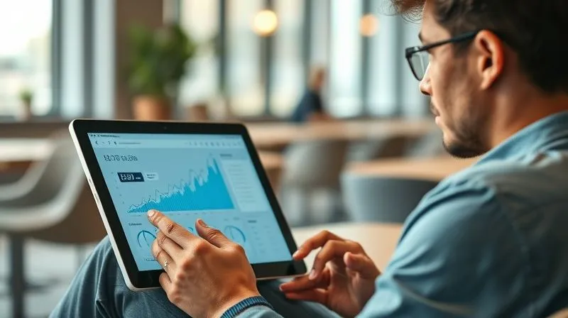 A photorealistic image of a digital nomad looking at a tablet displaying a financial dashboard with clear graphs and numbers, while sitting in a serene and organized co-working space. The person has a thoughtful and in-control expression. Cinematic lighting, sharp focus on the tablet and face, depth of field. 8K hyper-detailed, professional photography.
