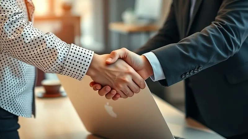 A photorealistic image of two people (a digital nomad and a client figure) shaking hands warmly over a laptop, symbolizing a strong, long-term business relationship. The background is a blurred, modern office or co-working space. Cinematic lighting, sharp focus on the handshake and faces, depth of field. 8K hyper-detailed, professional photography.