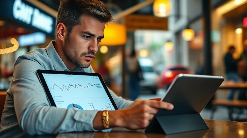 A photorealistic image of a person sitting at a cafe table, looking intently at a digital tablet displaying complex financial charts and graphs with fluctuating lines, representing income over time. The person has a focused, determined expression. Cinematic lighting, sharp focus on the tablet screen, depth of field, 8K, high-end DSLR. The background is a softly blurred bustling street scene in a foreign city.