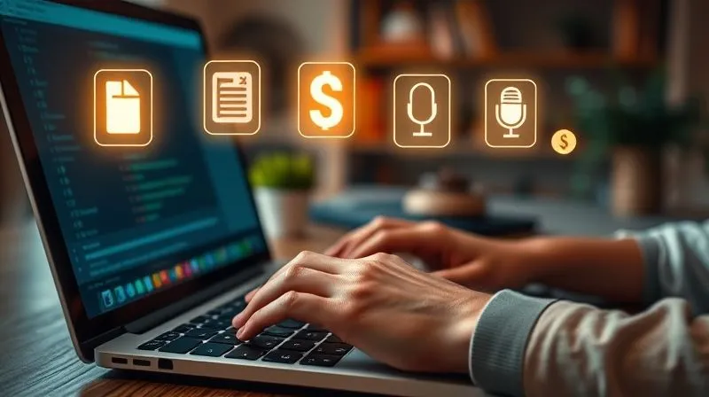 A photorealistic image of a person's hands typing on a laptop keyboard, with multiple small glowing icons floating above the screen, each representing a different income stream (e.g., a book icon for an ebook, a dollar sign for investments, a microphone for a podcast, a camera for stock photos). The background is a blurred, cozy home office. Cinematic lighting, sharp focus on the hands and icons, depth of field, 8K, high-end DSLR.