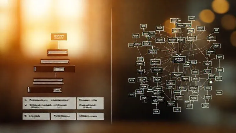 A photorealistic diagram illustrating a hierarchical structure of Evernote notebooks and stacks on the left, with a network of interconnected tags on the right, all presented on a clean digital interface. Cinematic lighting, sharp focus on the structure, depth of field blurring a subtle background. Professional photography, 8K hyper-detailed.