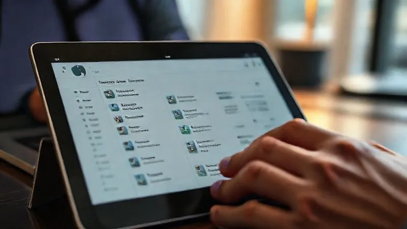 A photorealistic close-up of a digital tablet screen displaying an organized Evernote interface, with clearly defined notebook stacks and a sophisticated tag cloud. The screen reflects a subtle outline of a person's hands typing on a nearby laptop, suggesting seamless integration and productivity. Cinematic lighting, sharp focus on the tablet, depth of field blurring the background. Professional photography, 8K hyper-detailed.