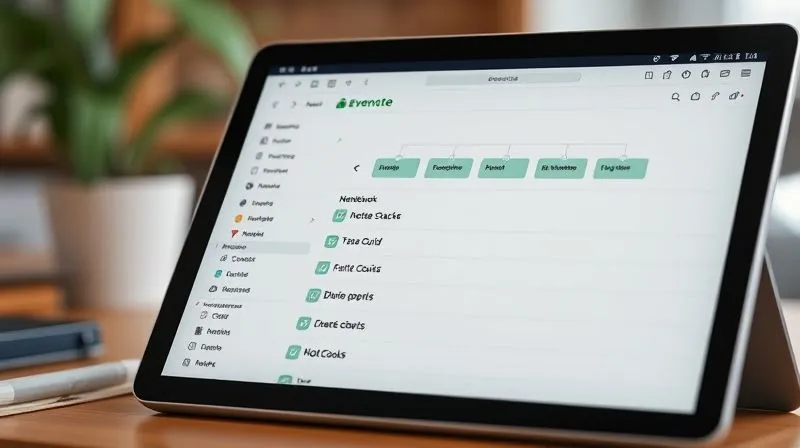 A photorealistic, professional photography shot of a digital notebook interface on a tablet, showing a well-organized Evernote structure with clearly labeled notebook stacks, individual notebooks, and a detailed tag cloud. The screen is bright, clean, and modern, with cinematic lighting and sharp focus on the organization, depth of field blurring the background slightly. 8K hyper-detailed, shot on a high-end DSLR.