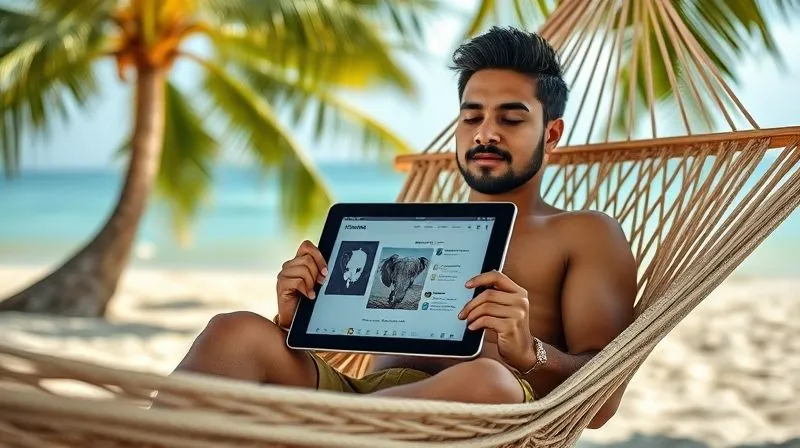 A photorealistic image of a person sitting comfortably in a hammock on a tropical beach, with a tablet open on their lap displaying an Evernote interface. The person is focused, with a serene expression, surrounded by palm trees and the ocean in the background. The scene conveys peace and focused work/learning in a nomadic setting. Cinematic lighting, sharp focus on the tablet and person, depth of field blurring the beach. 8K hyper-detailed, professional photography, shot on a high-end DSLR.