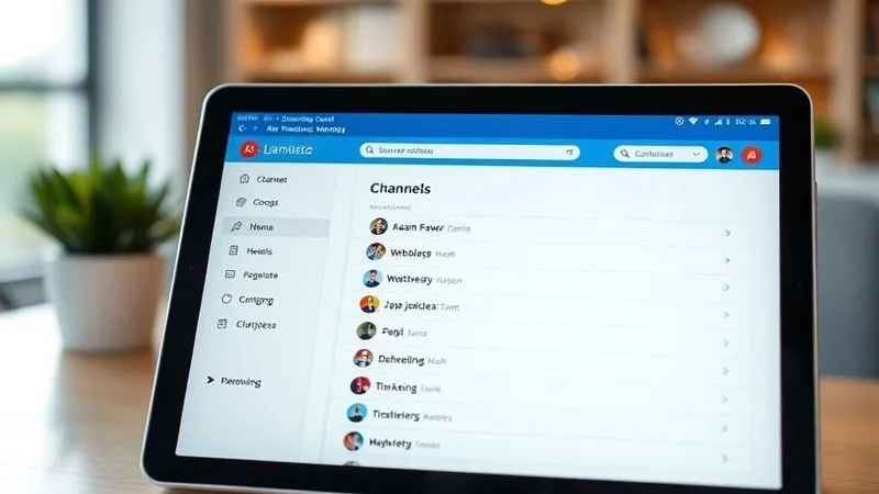 A photorealistic, professional photography of a clean and organized Slack interface on a tablet, showing a sidebar with clearly labeled channels using prefixes like '#learning_webdev', '#resources_marketing', '#discussion_ai'. The channel list is neatly categorized, with cinematic lighting highlighting the names. Sharp focus, depth of field blurring a soft, modern workspace background. 8K hyper-detailed, shot on a high-end DSLR.