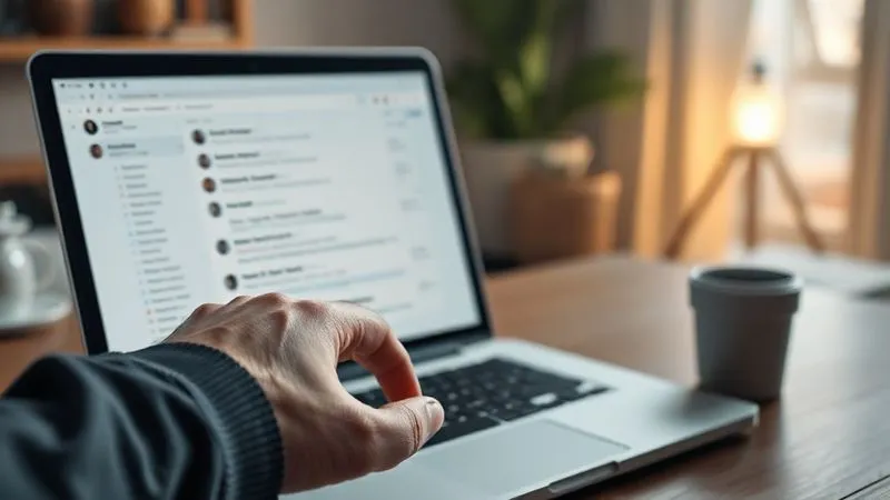 A photorealistic image of a digital nomad's hand hovering over a clean, minimalist Slack interface on a laptop, with a specific message thread highlighted, showing a rich discussion with embedded links and files. The main channel feed is visible but less prominent, emphasizing the organized thread. Cinematic lighting, sharp focus on the screen, depth of field blurring a cozy, remote workspace. 8K hyper-detailed, professional photography, shot on a high-end DSLR.