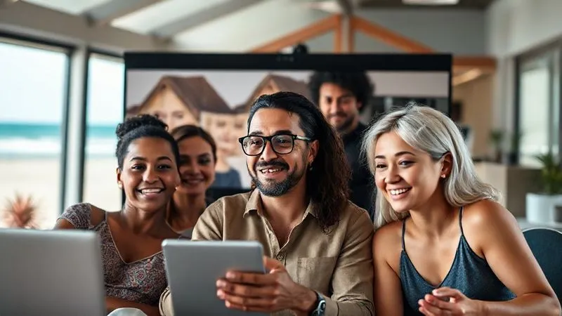 A photorealistic image of a diverse group of digital nomads (various ages, ethnicities) on a video call within a Slack Huddle, actively engaged in a discussion. One person is clearly acting as a moderator, gently guiding the conversation. The background subtly shows different remote work settings (beach, mountain cabin, co-working space). Cinematic lighting, sharp focus on the faces and interaction, depth of field blurring the individual backgrounds. 8K hyper-detailed, professional photography, shot on a high-end DSLR.