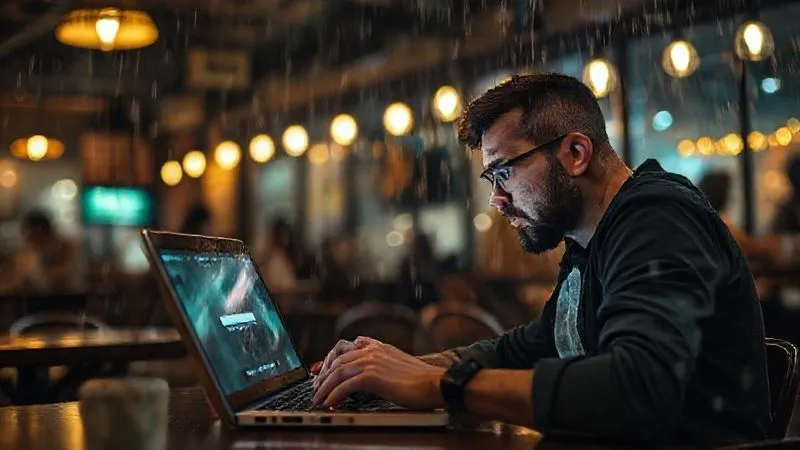 A photorealistic image of a frustrated digital nomad trying to watch a video lesson on a laptop with a buffering icon, in a dimly lit, chaotic cafe with blurry background. Rain outside. Cinematic lighting, sharp focus on the person and screen, depth of field. 8K hyper-detailed, professional photography, shot on a high-end DSLR.