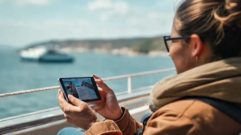 A photorealistic image of a digital nomad happily watching a short, engaging video lesson on a smartphone while waiting for a ferry, with a beautiful coastal landscape in the background. The content on the screen is clear and concise. Cinematic lighting, sharp focus, depth of field. 8K hyper-detailed, professional photography, shot on a high-end DSLR.