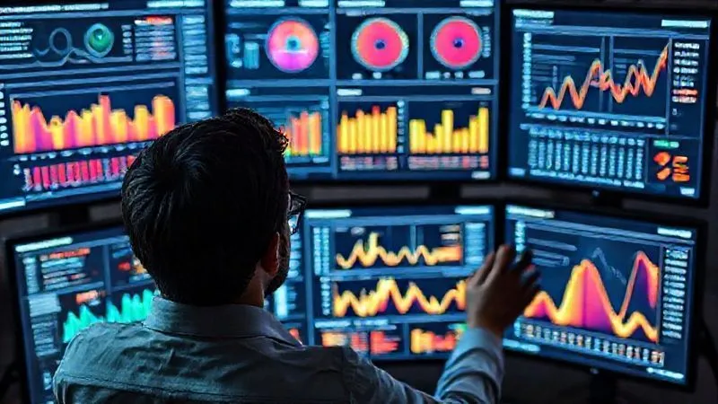 A photorealistic image of a person analyzing complex data on multiple screens, showing various charts and graphs related to student engagement and dropout rates. The screens display heatmaps of video watch times and completion rates. Cinematic lighting, sharp focus on the data, depth of field. 8K hyper-detailed, professional photography, shot on a high-end DSLR.