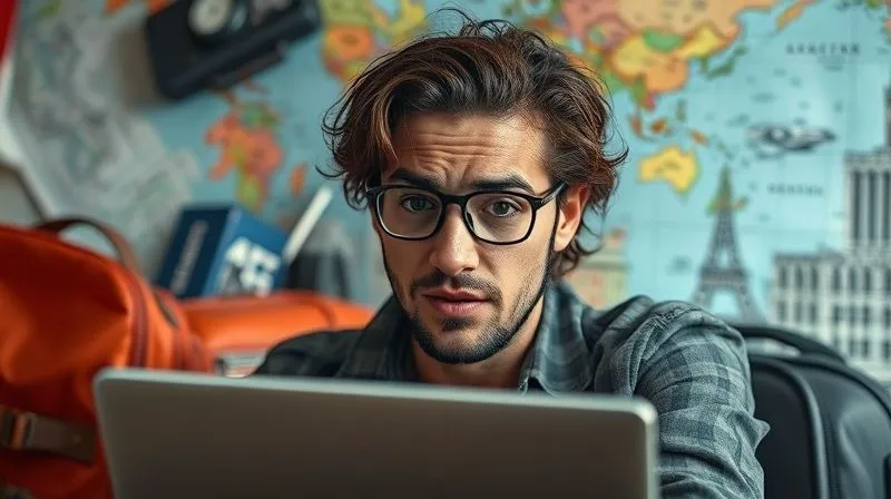 A photorealistic image of a digital nomad looking stressed, surrounded by a chaotic background of travel elements (luggage, maps, diverse cityscapes), while trying to focus on a laptop screen showing an online webinar. The laptop screen is slightly blurred, emphasizing the nomad's struggle with distraction. Cinematic lighting, sharp focus on the nomad's face, depth of field blurring the background. 8K hyper-detailed, professional photography, shot on a high-end DSLR.