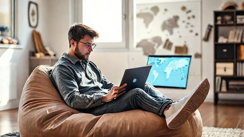 A photorealistic image depicting a digital nomad sitting casually on a beanbag in a minimalist, sunlit apartment, looking thoughtfully at a laptop. On the screen, a complex e-learning module is visible. The background shows a world map and travel souvenirs, symbolizing the nomadic lifestyle and the internal conflict between wanderlust and academic focus. Cinematic lighting, sharp focus on the person and laptop, depth of field blurring the background. Professional photography, 8K, shot on a high-end DSLR.
