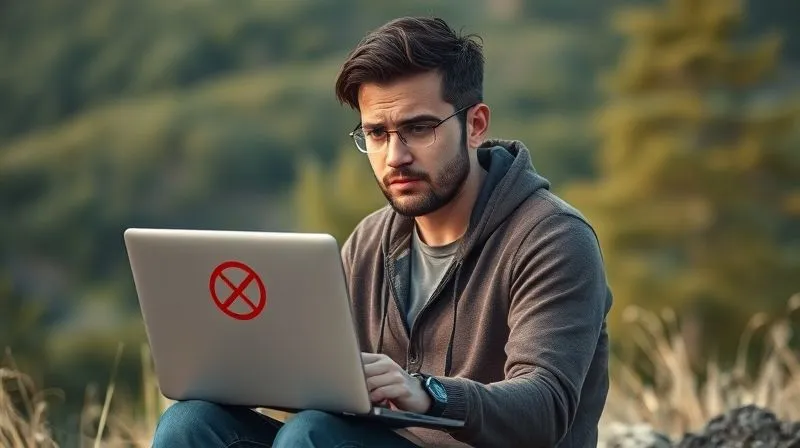 A photorealistic image of a digital nomad looking stressed, holding a laptop with a 'no internet' symbol on the screen, sitting in a beautiful but isolated natural setting. Cinematic lighting, sharp focus on the person's face showing frustration, depth of field blurring the background, 8K hyper-detailed.