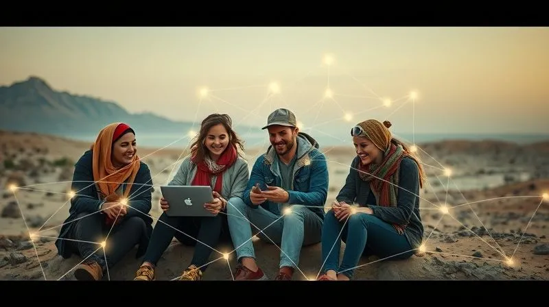A photorealistic image of a diverse group of digital nomads, each in a different remote location (e.g., mountain, beach, desert), all connected metaphorically by a glowing network, collaborating on a project. Emphasize a sense of global community and shared learning. Cinematic lighting, sharp focus, depth of field, 8K hyper-detailed.