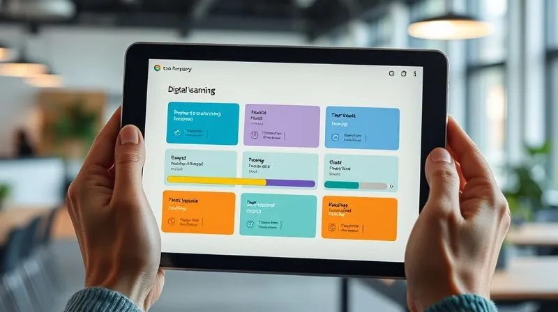 A photorealistic, professional photography, 8K, cinematic lighting, sharp focus, depth of field, shot on a high-end DSLR of a clean, modern digital learning interface displaying distinct, color-coded modular blocks of content, each with a progress bar, on a tablet screen held by a person with a blurred backdrop of an open-plan co-working space.