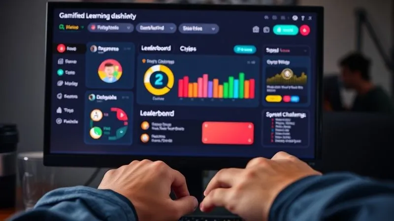 A photorealistic, professional photography, 8K, cinematic lighting, sharp focus, depth of field, shot on a high-end DSLR of a gamified learning dashboard on a computer screen, showing badges, progress bars, a leaderboard, and interactive challenges, with a user's hand reaching for a mouse, vibrant and engaging colors.