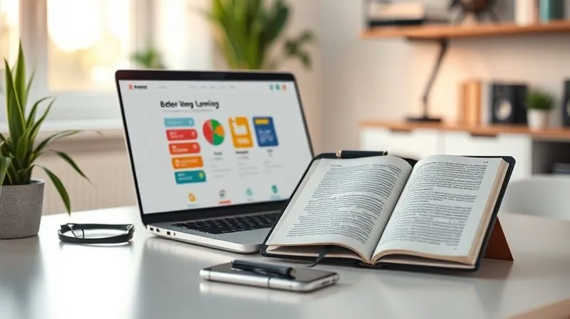 A photorealistic, professional photography, 8K, cinematic lighting, sharp focus, depth of field, shot on a high-end DSLR of various digital tools seamlessly integrated: a laptop displaying a clean e-learning platform, a tablet showing an e-book, and a smartphone with a communication app, all on a modern desk in a well-lit home office, symbolizing efficient and accessible learning.