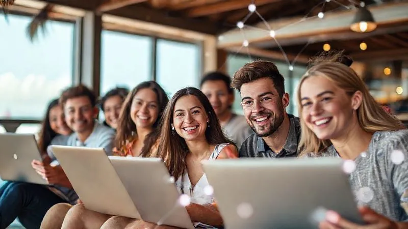 A photorealistic image of a diverse group of young adults, some with laptops and tablets, engaged in a lively video conference call, smiling and gesturing. They appear to be in different locations (a beach, a cafe, a co-working space), seamlessly connected by a glowing network grid. Cinematic lighting, sharp focus on faces, depth of field blurring backgrounds, 8K, professional photography, shot on a high-end DSLR, conveying connection and community.