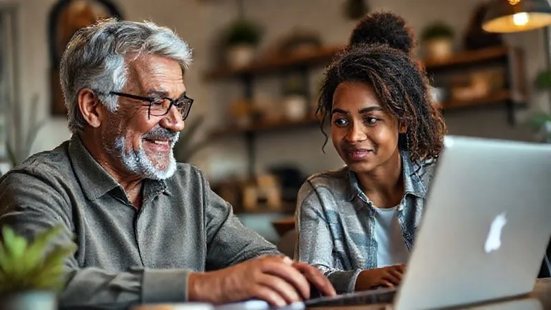 A photorealistic image of a wise, smiling mentor (diverse ethnicity, late 40s-50s) on a video call, patiently guiding a younger digital nomad (diverse ethnicity, 20s-30s) who is looking at a laptop screen with a thoughtful expression. The background for the mentor is a cozy home office, and for the nomad, a vibrant cafe. Cinematic lighting, sharp focus on both individuals, depth of field subtly blurring their respective backgrounds, 8K, professional photography, shot on a high-end DSLR, conveying supportive and personalized guidance.
