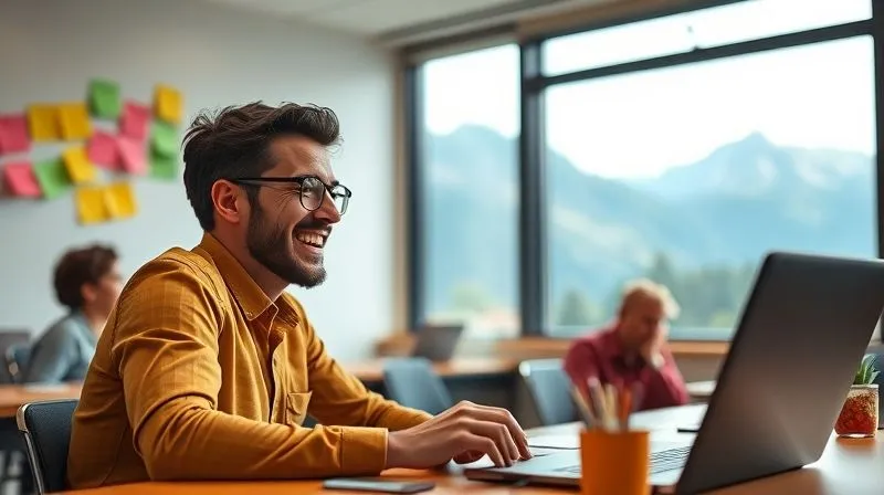 Photorealistic, professional photography, 8K, cinematic lighting, sharp focus, depth of field, shot on a high-end DSLR of a digital nomad happily engaged in a dynamic virtual classroom session, surrounded by vibrant sticky notes and digital tools on their screen, with a scenic mountain view from their window. The atmosphere is energetic and inspiring.