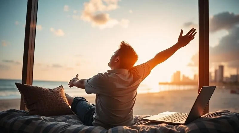 A photorealistic, professional photography, 8K, cinematic lighting, sharp focus, depth of field, shot on a high-end DSLR of a digital nomad stretching and looking away from their laptop screen during a short break, perhaps gazing at a beautiful beach or city skyline from their temporary home. A sense of calm and rejuvenation.