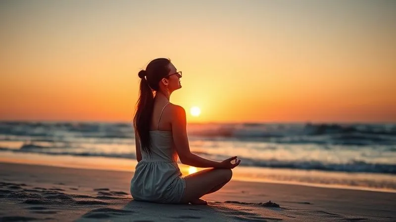 A photorealistic, professional photography, 8K, cinematic lighting, sharp focus, depth of field, shot on a high-end DSLR of a digital nomad meditating peacefully at sunrise on a beach, away from screens, embodying digital well-being and balance. The scene is serene and inspiring.