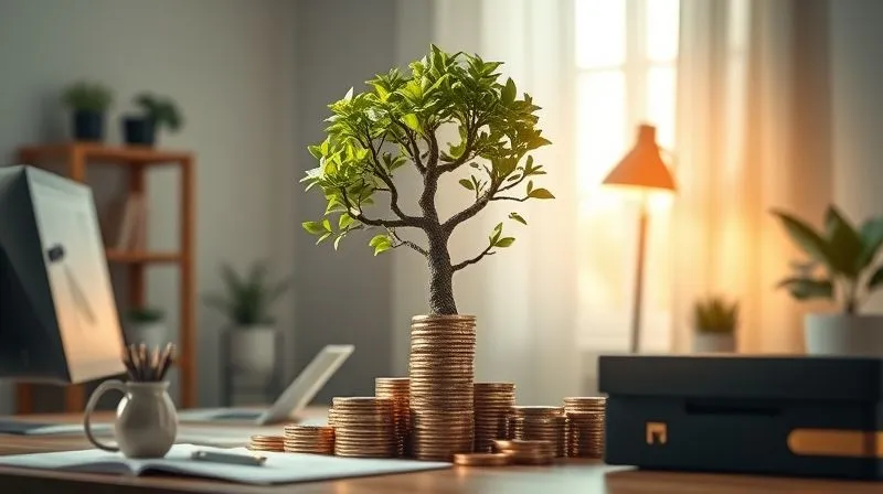 A photorealistic image of a stack of coins growing into a large, sturdy money tree, surrounded by a serene, minimalist digital nomad workspace. The lighting is soft and warm, emphasizing growth and security. Sharp focus on the money tree, depth of field blurring the background, 8K hyper-detailed, professional photography, shot on a high-end DSLR.
