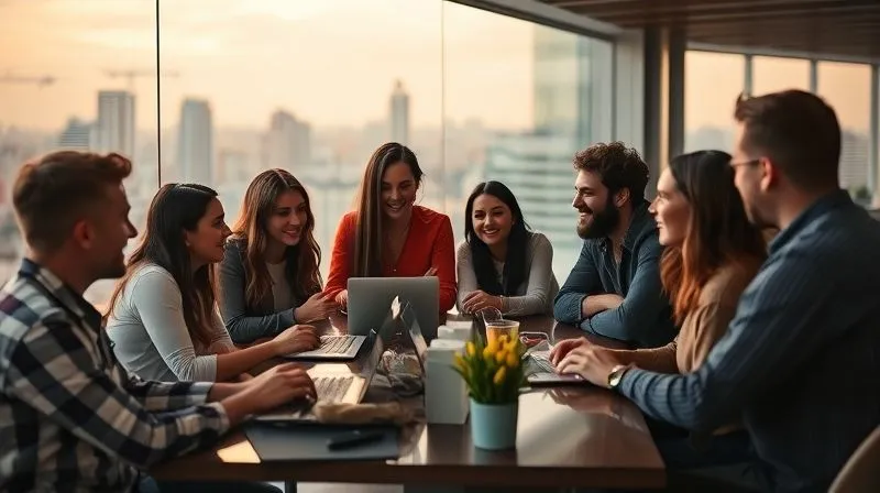 A photorealistic image of a diverse group of digital nomads collaborating and networking in a vibrant, modern co-working space overlooking a bustling city. They are engaged in lively discussion, some with laptops open, others gesturing. The atmosphere is energetic and supportive. Cinematic lighting, sharp focus on the group, depth of field blurring the city background, 8K hyper-detailed, professional photography, shot on a high-end DSLR.